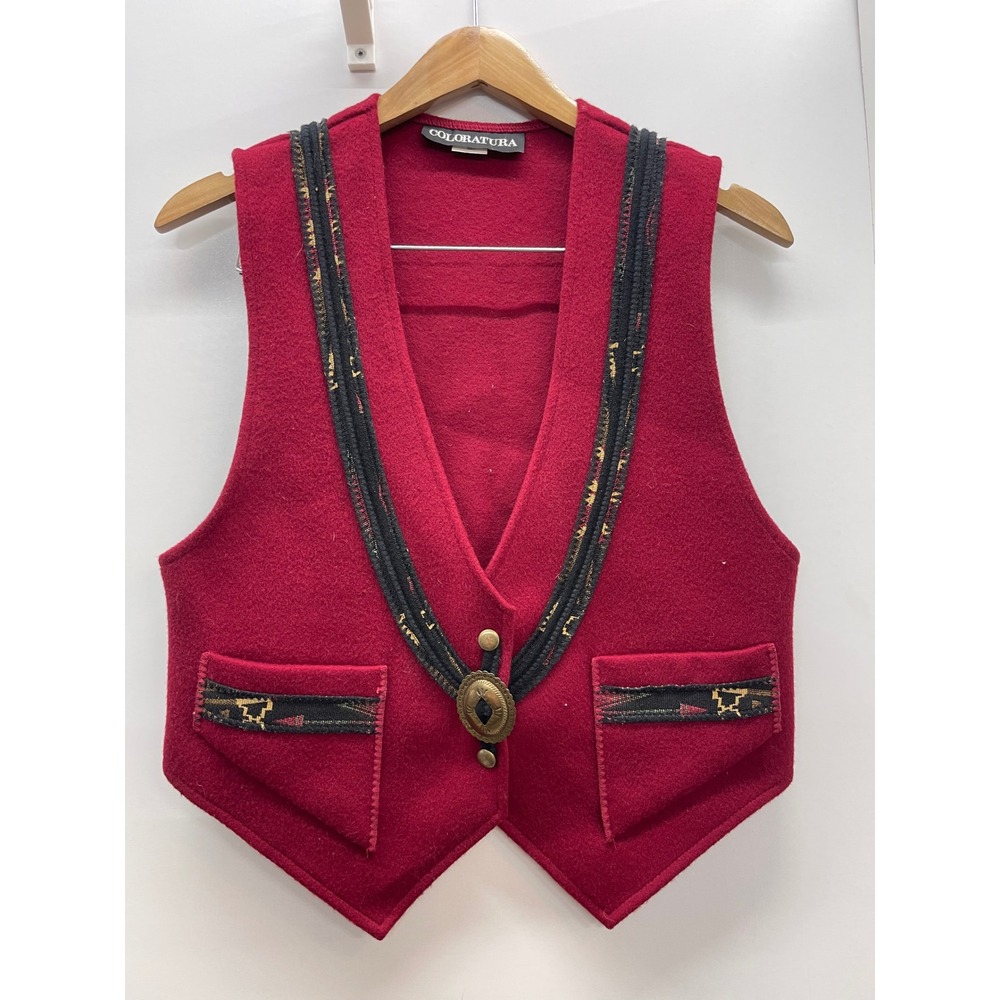 Coloratura Red 100% Wool Southwestern Concho Vest M Vintage Western Cropped